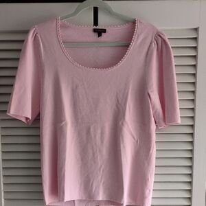 Talbots Pink Square Neckline Scalloped Trim Puff Short Sleeve Sweater Medium